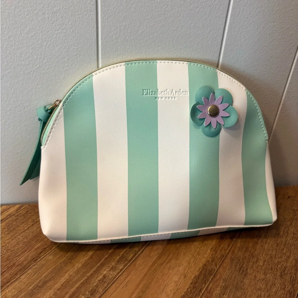 Elizabeth Arden Mint Green and White Striped Cosmetic Bag